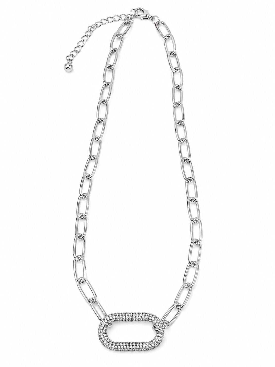 Silver Pavé Carabiner Link Chain Necklace