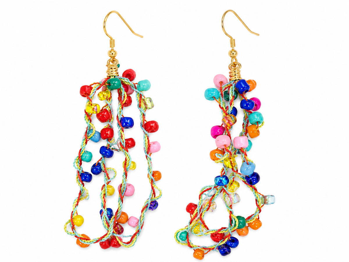 Rainbow seed bead multi-strand drop earrings with gold-tone french hooks and colorful twisted cord strands
