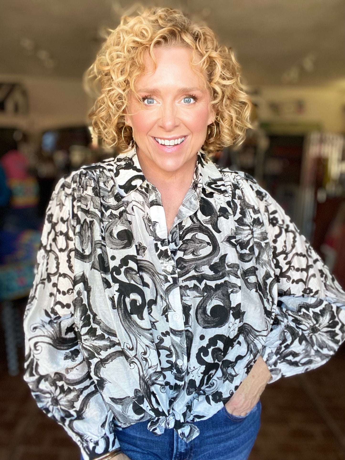 Tops Black Swirl Button Down Blouse