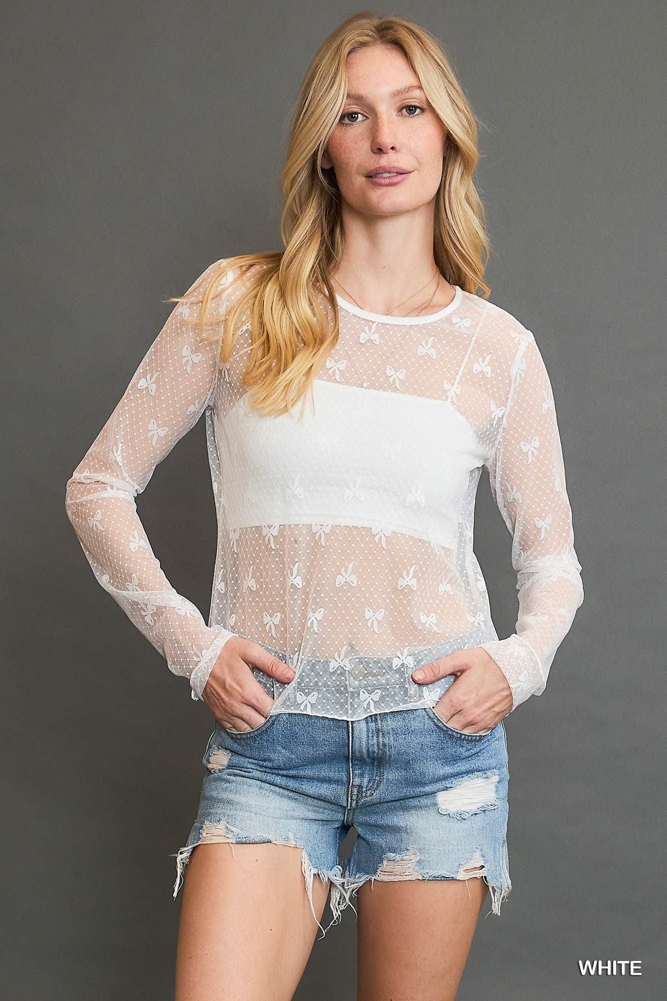 Tops Bow Mesh Top White