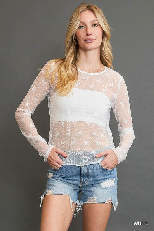 Tops Bow Mesh Top White