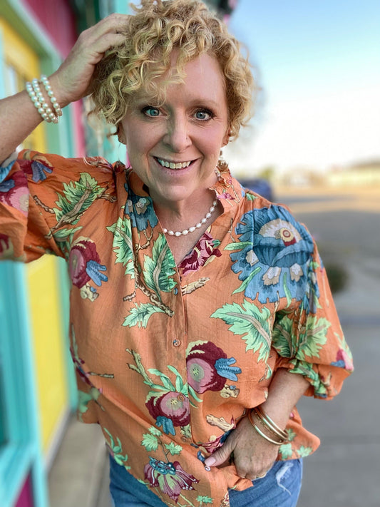 Tops Cady Floral Balloon Sleeve Top- Coral