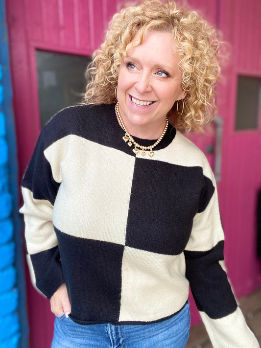 Shirts & Tops Checked Sweater- Cream and Black