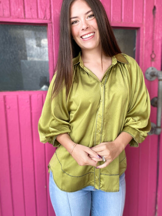 Tops Clarke Button Front Blouse- Apple