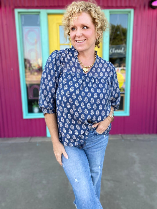 Tops Denim Blue Floral Blouse