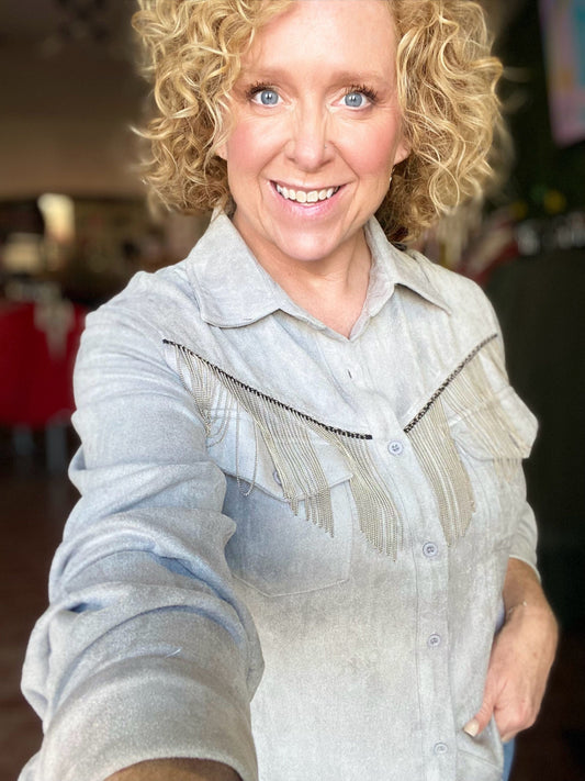 Tops Faux Suede Fringe Top- Silver