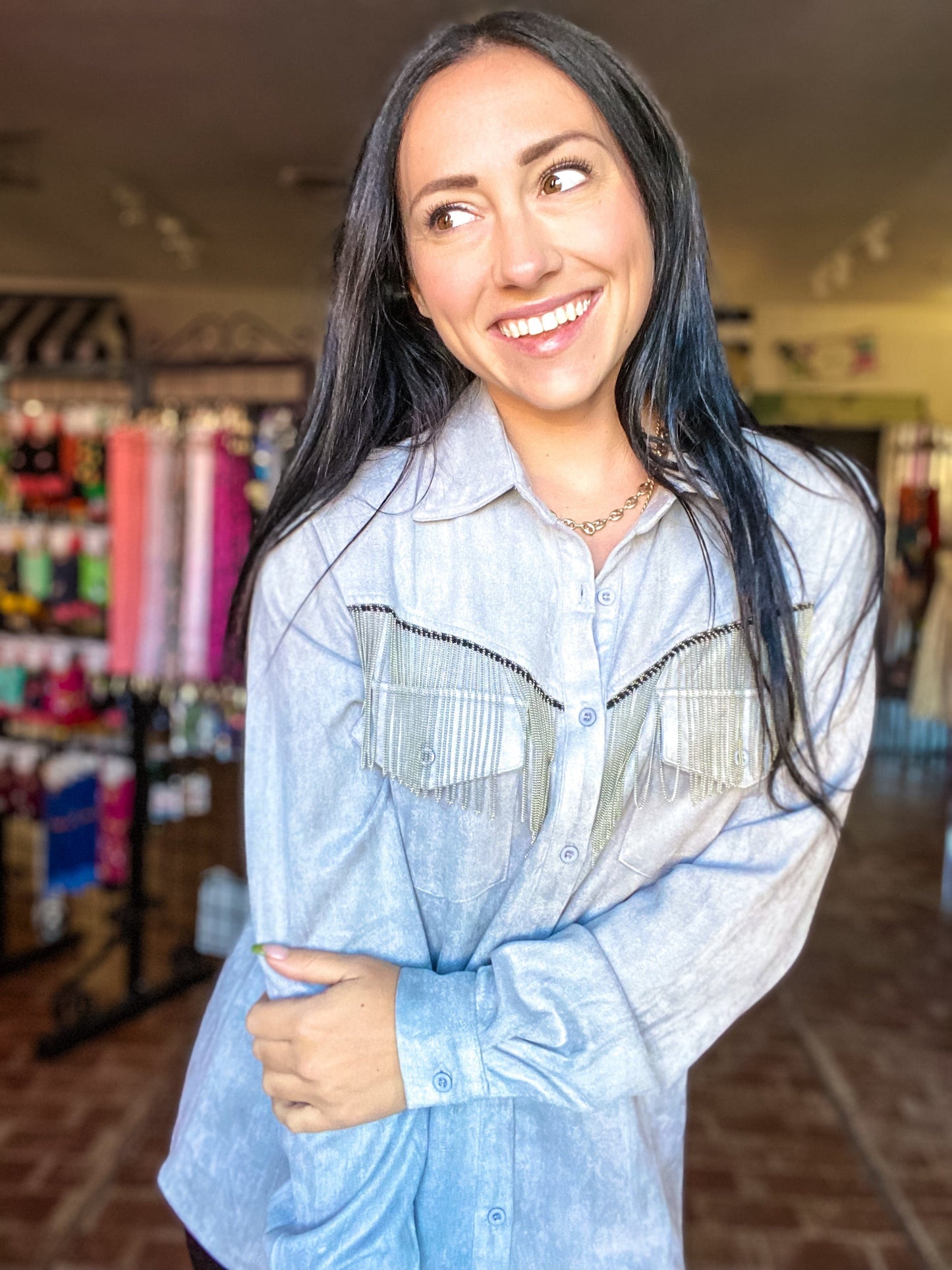 Tops Faux Suede Fringe Top- Silver