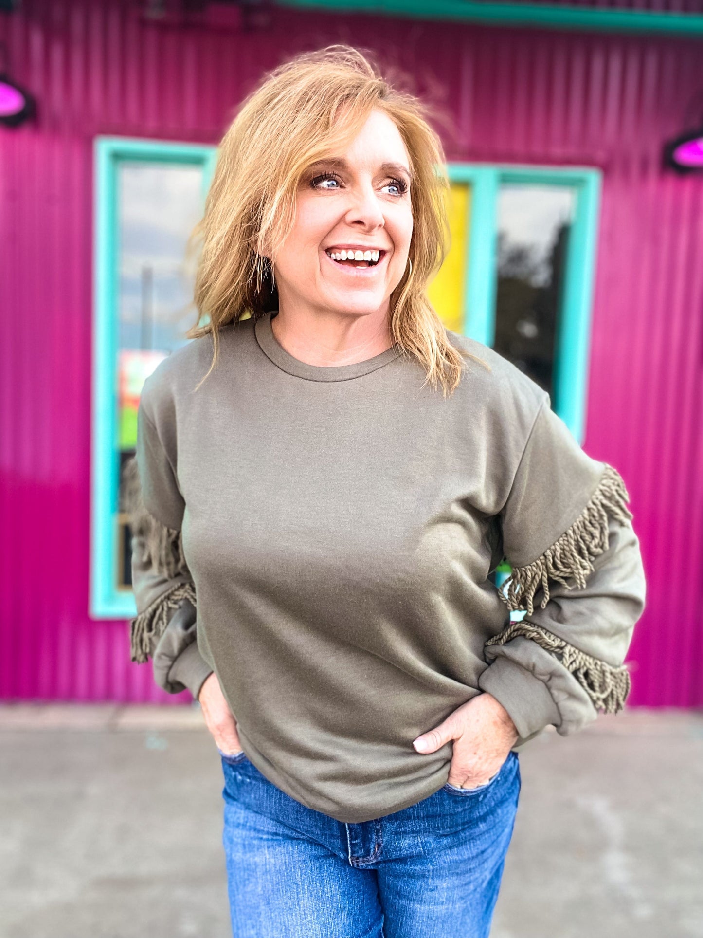 Tops Fringe Sleeve Pullover-Olive