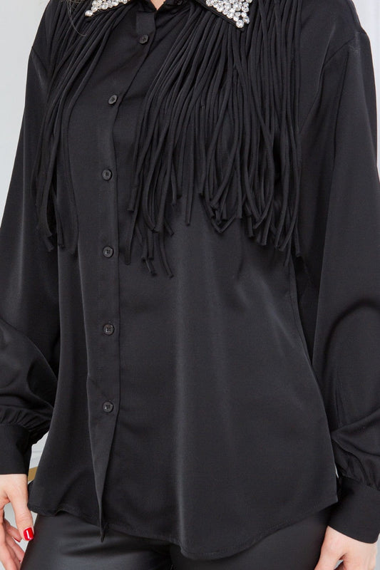 Outerwear Funky Fringe Embellished Blouse-Black