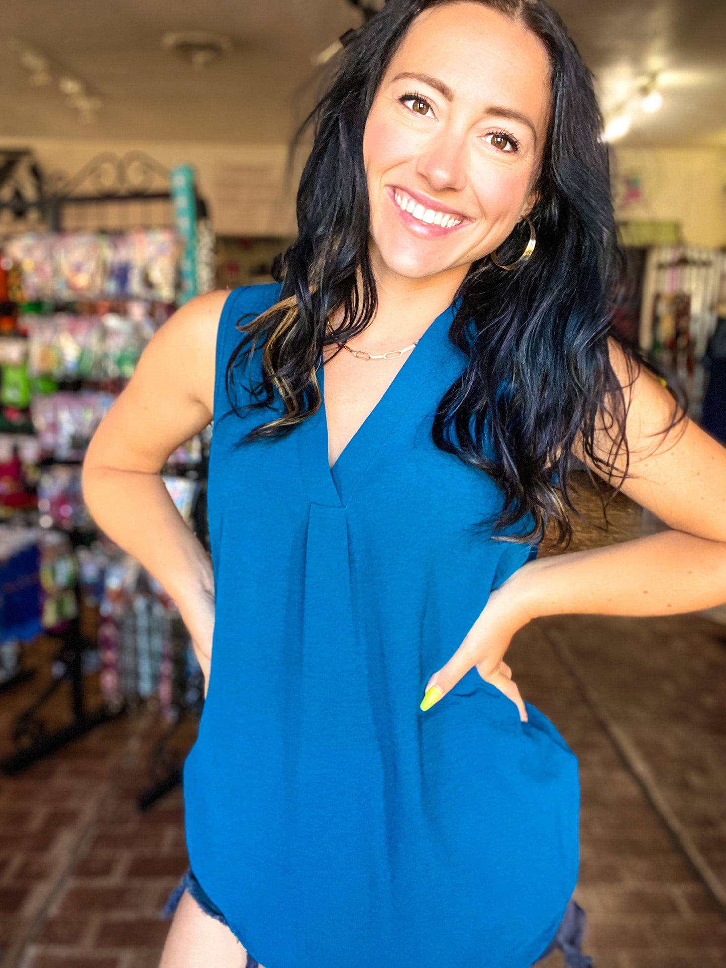 Tops Gabby V-neck Sleeveless Top-Teal