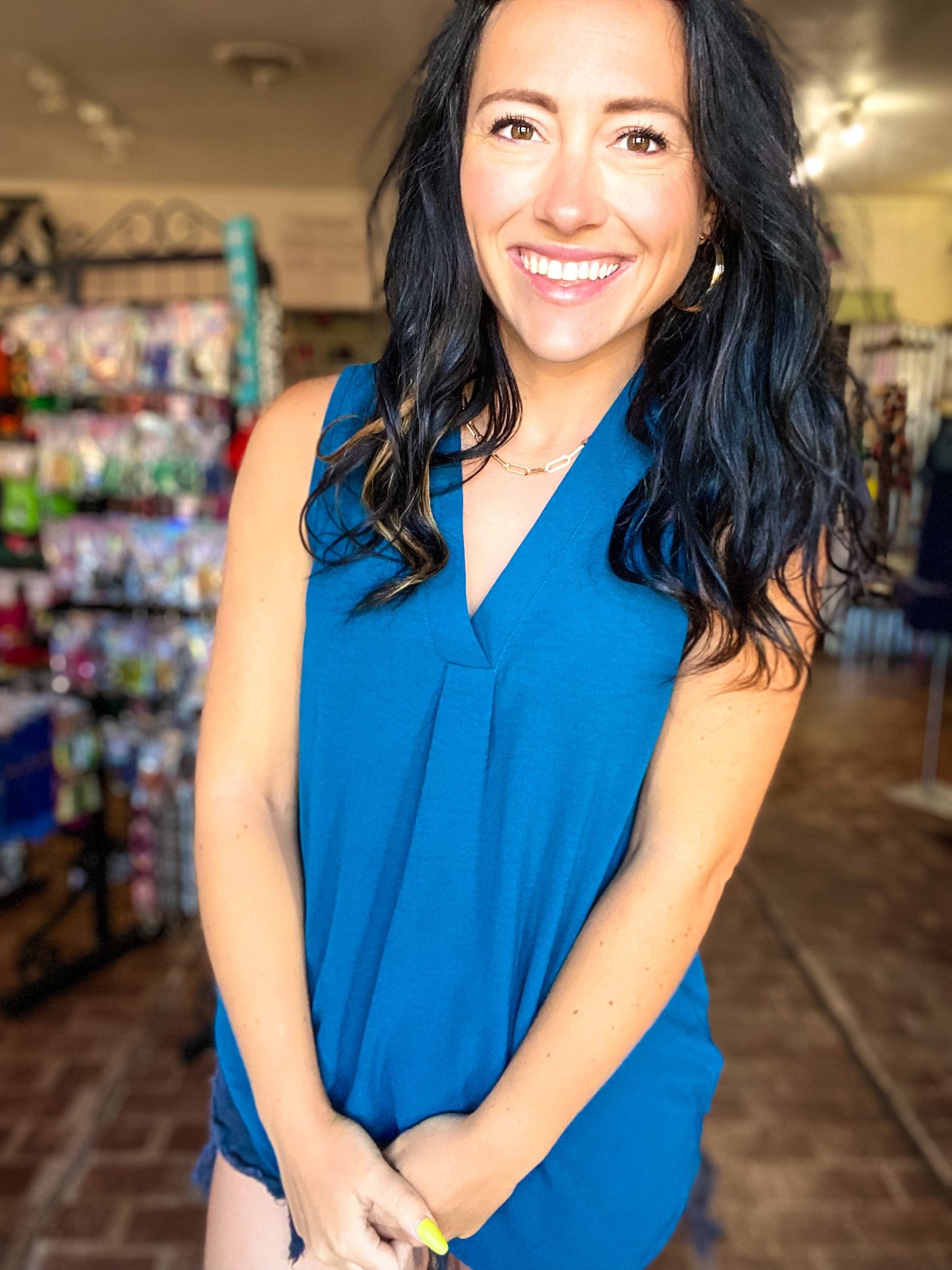 Tops Gabby V-neck Sleeveless Top-Teal