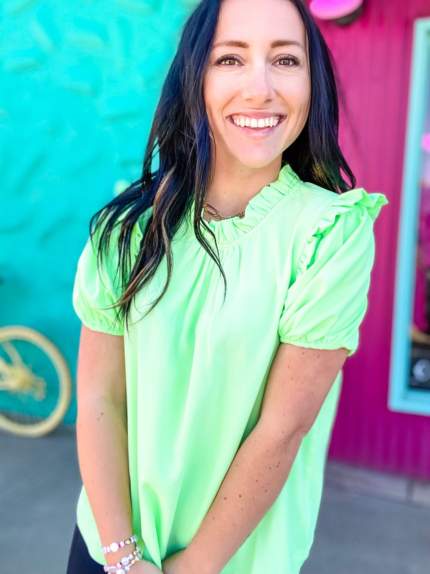 Tops Hi Fi Ruffle Neck Top In Lime