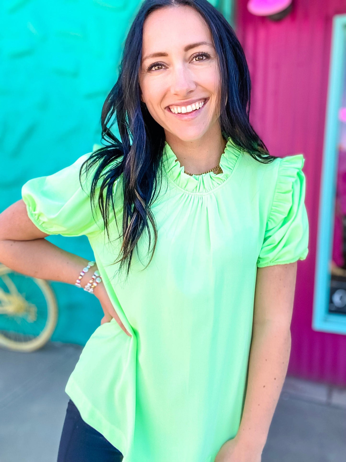 Tops Hi Fi Ruffle Neck Top In Lime