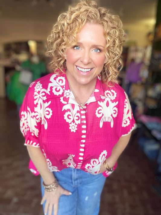 Tops Jayda Funky Print Blouse- Hot Pink