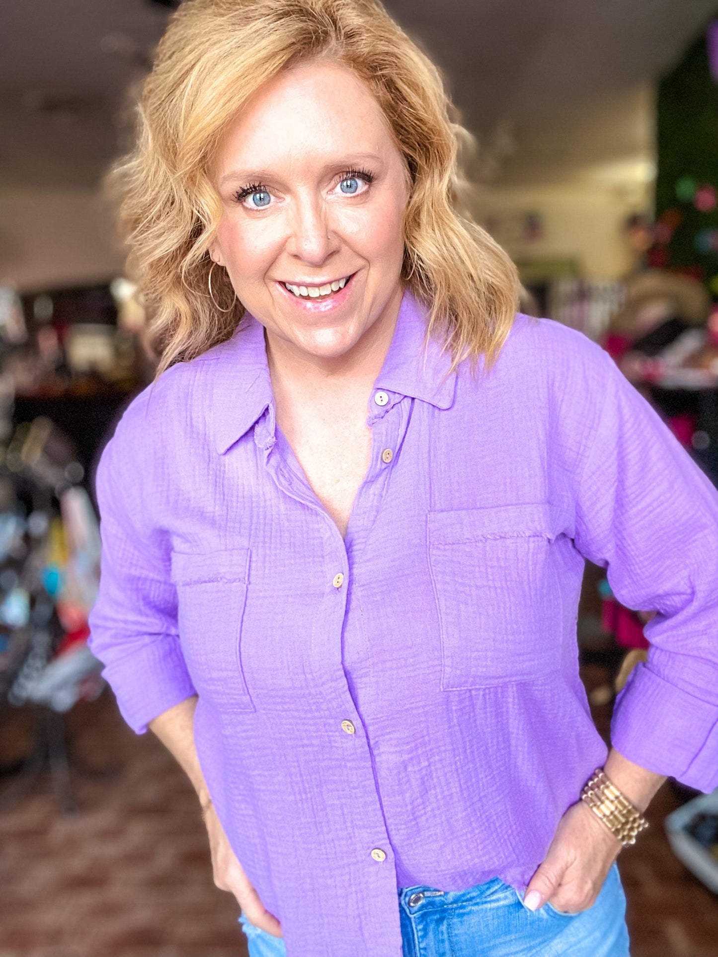 Tops Jess Gauze Button Down Top-Lavender