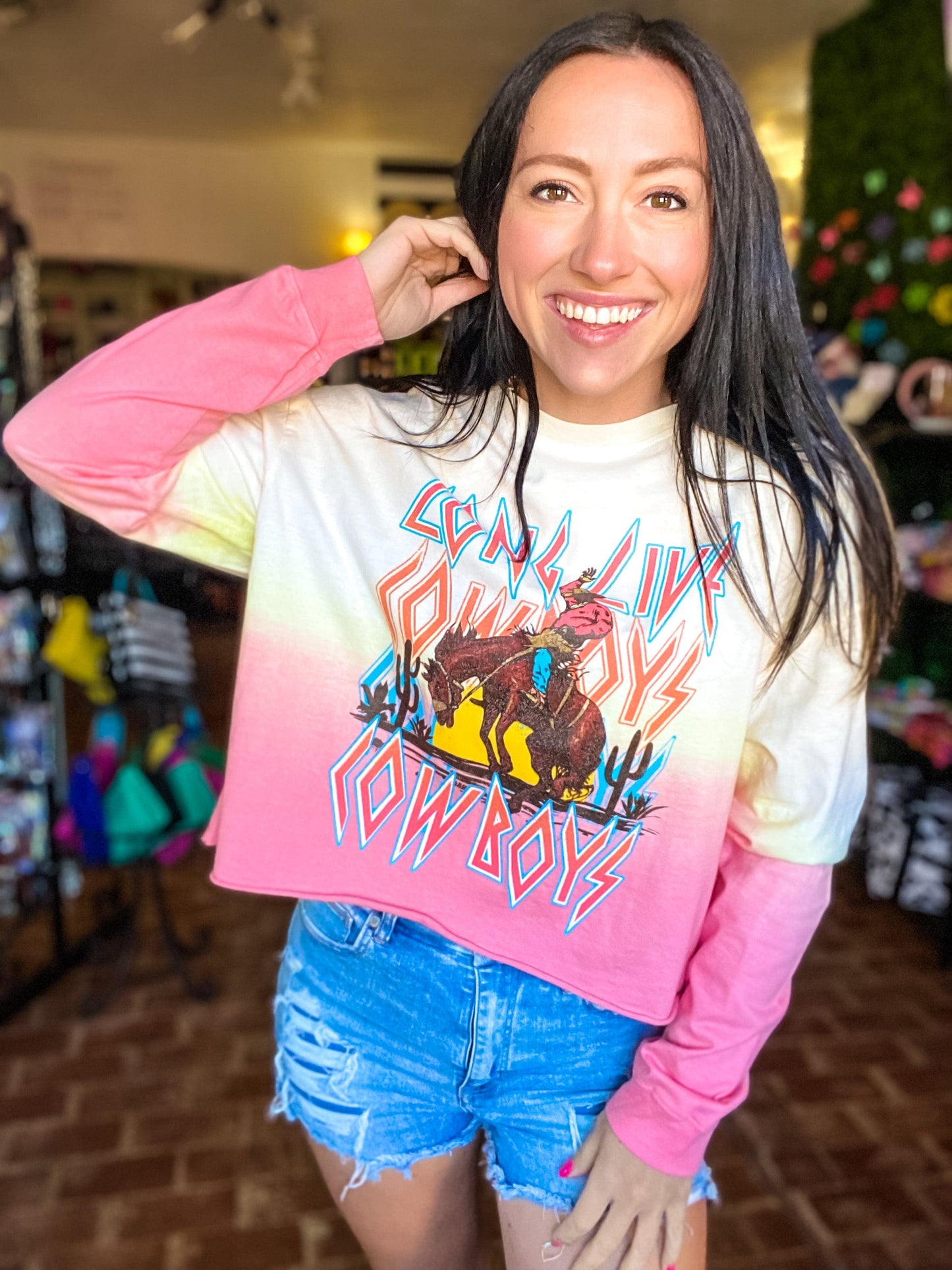Graphic Tees Long Live Cowboys Tie Dye Crop Tee L/S
