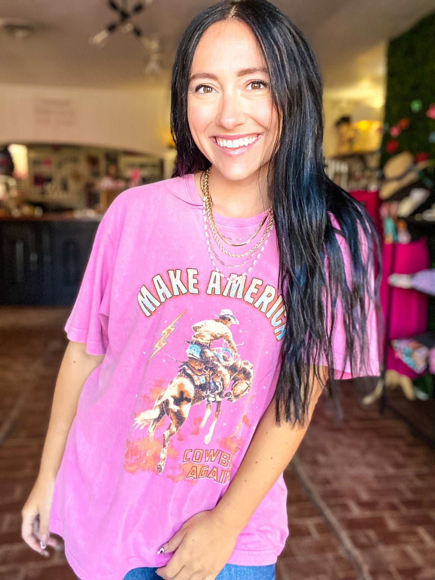 Graphic Tees Make America Cowboy Again Mineral Wash-Pink