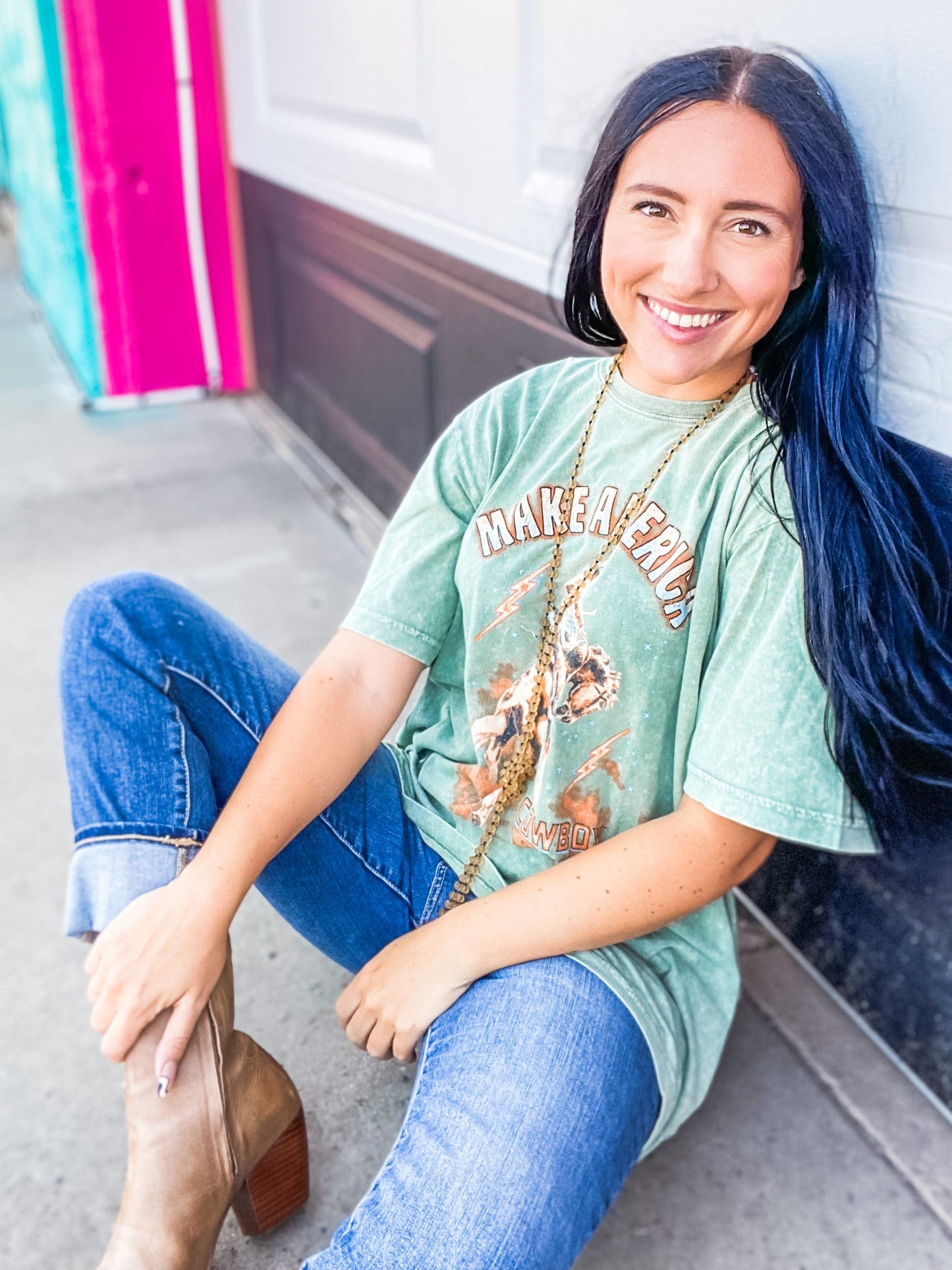 Graphic Tees Make America Cowboy Again Mineral Wash-Sage