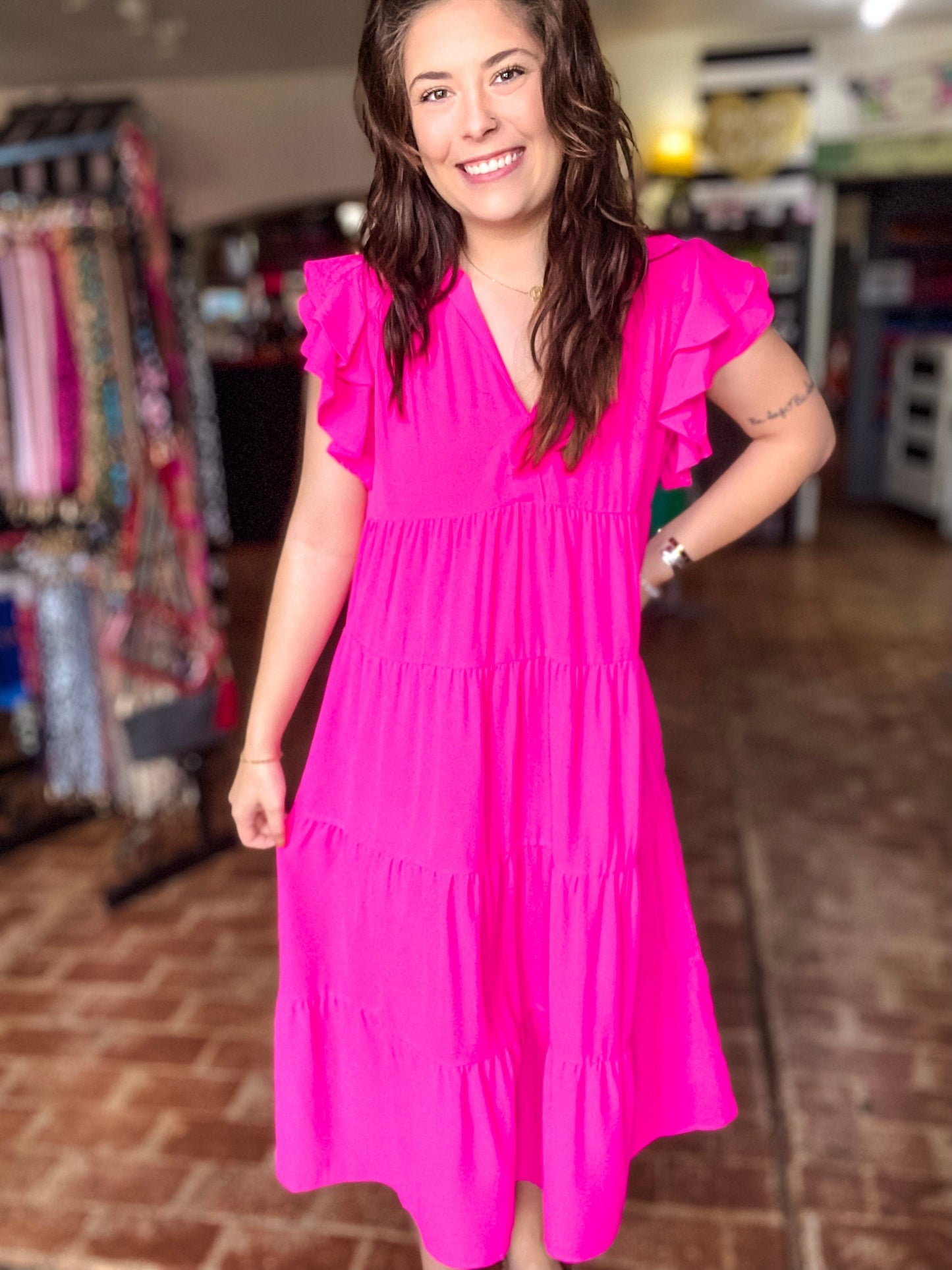 Dresses Molly Flutter Sleeve Dress-Hot Pink