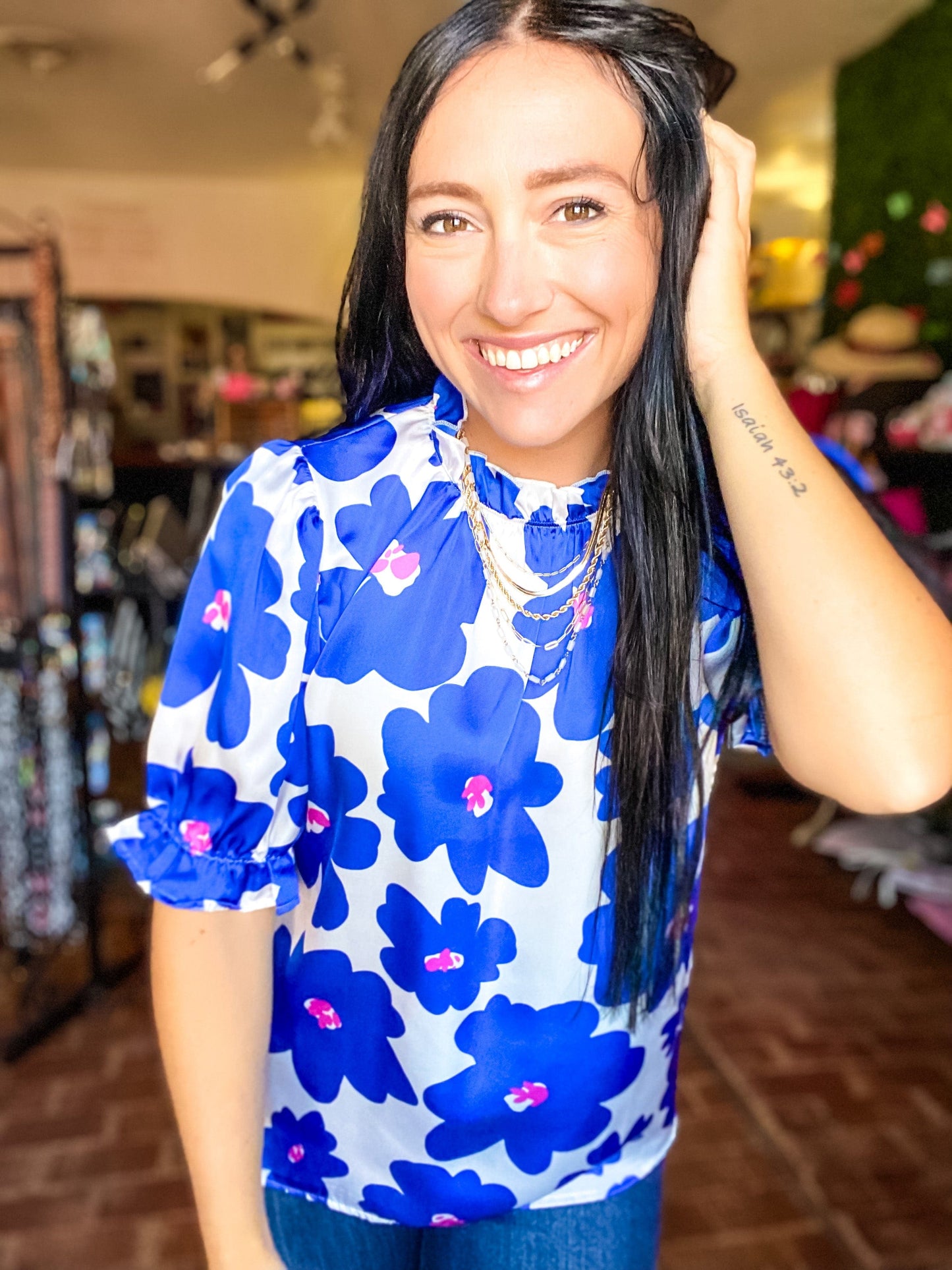 Tops Monte Floral Puff Sleeve Top- Cobalt
