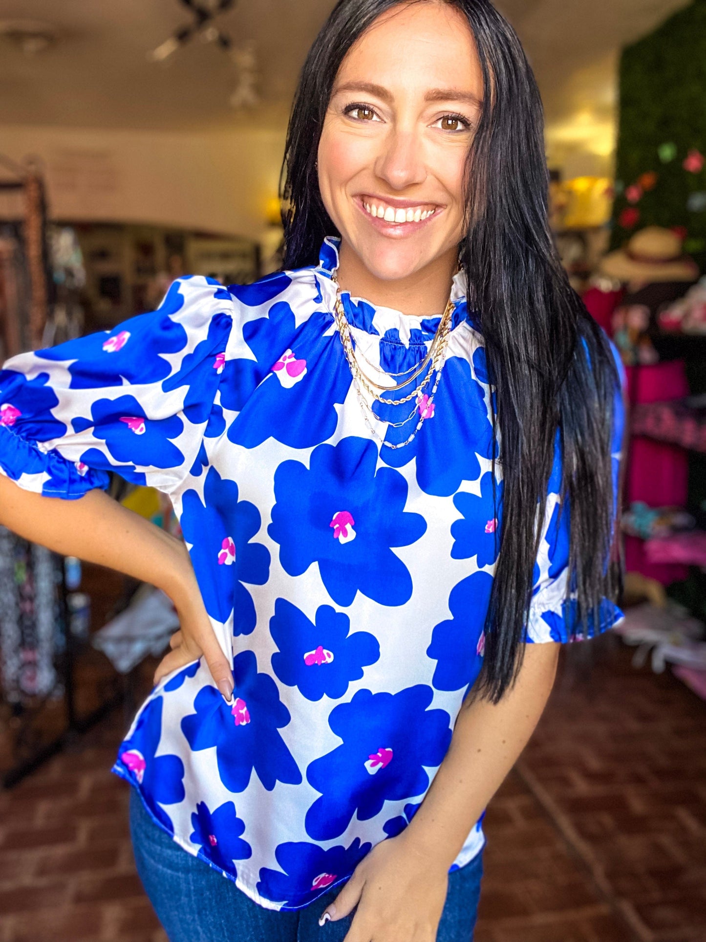 Tops Monte Floral Puff Sleeve Top- Cobalt