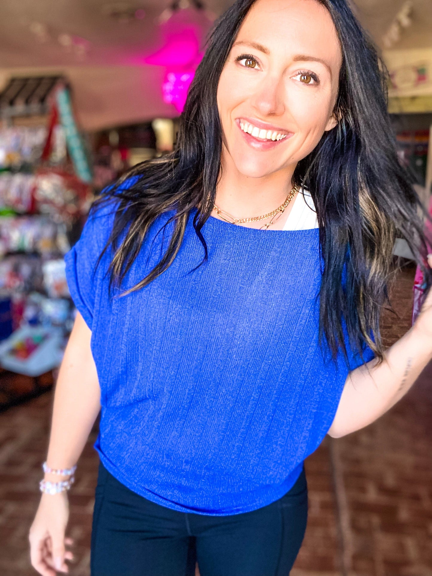 Shirts & Tops Off Shoulder Knit Top- Royal Blue