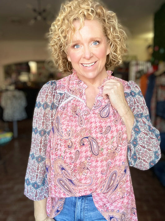 Tops Paisley Ruffle Neck Blouse