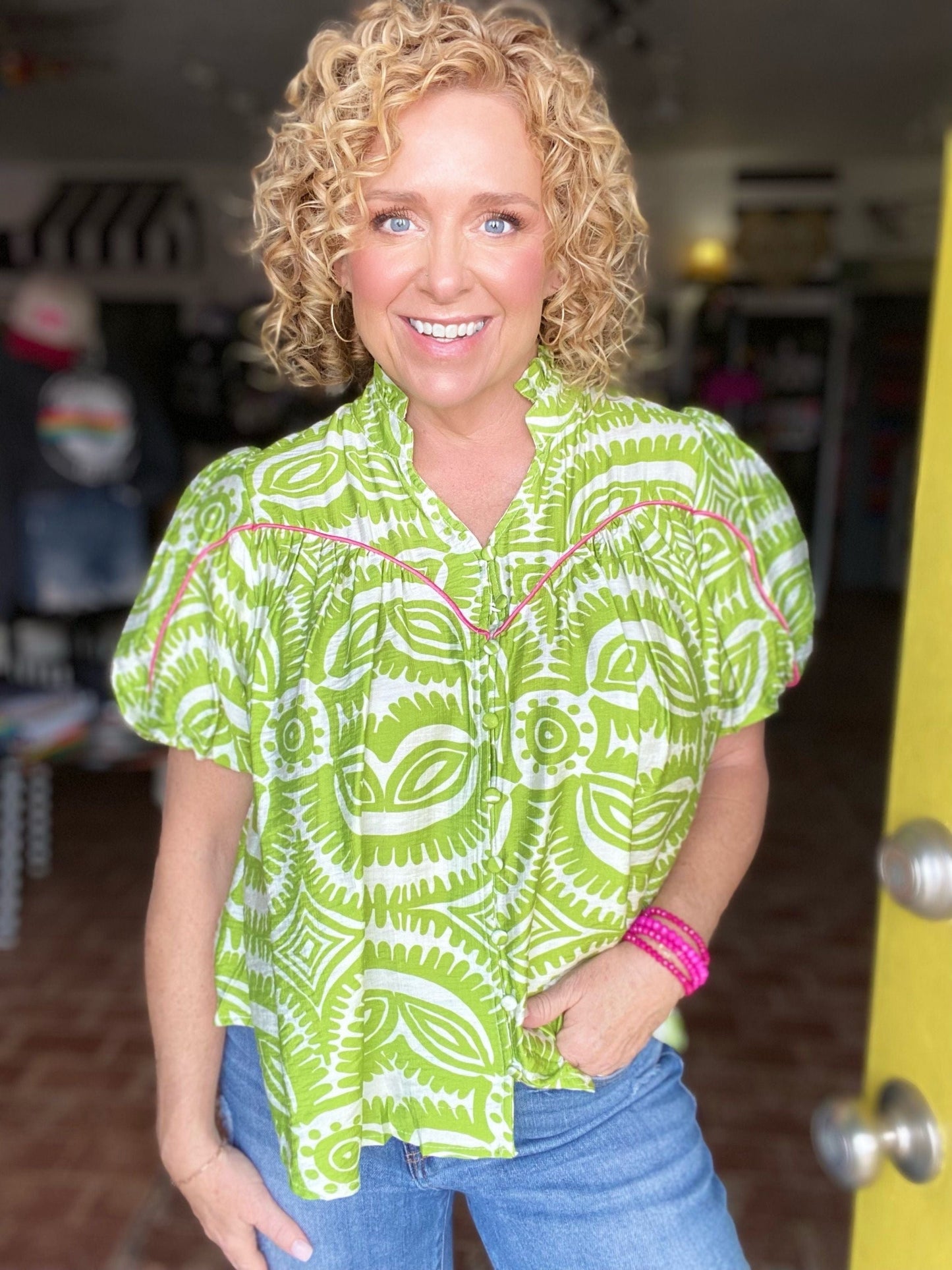 Tops Parrie Piped Puff Sleeve Blouse- Green
