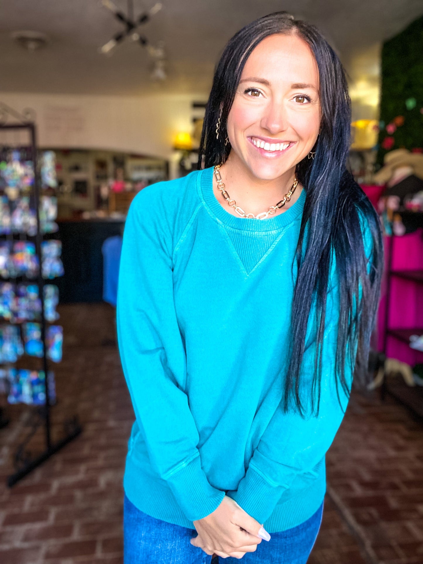 Tops Perla Mineral Wash Pullover-Teal