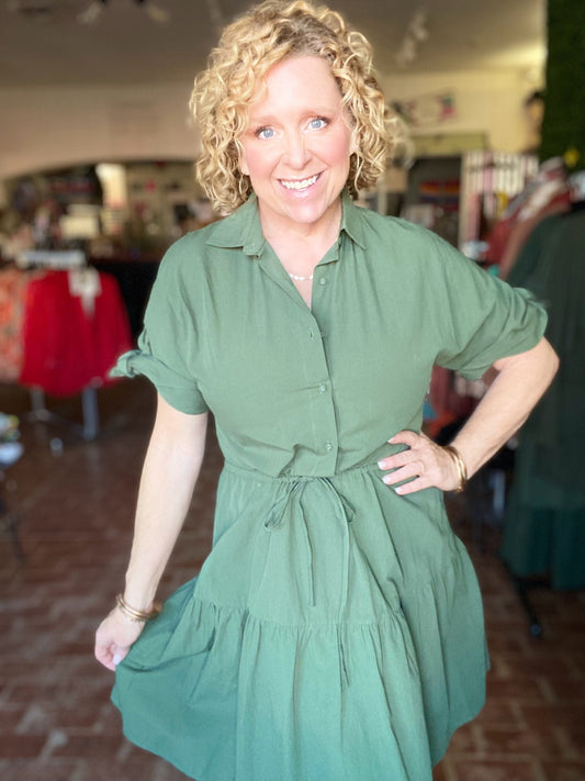 Dresses Poplin Cinch Waist Dress- Olive
