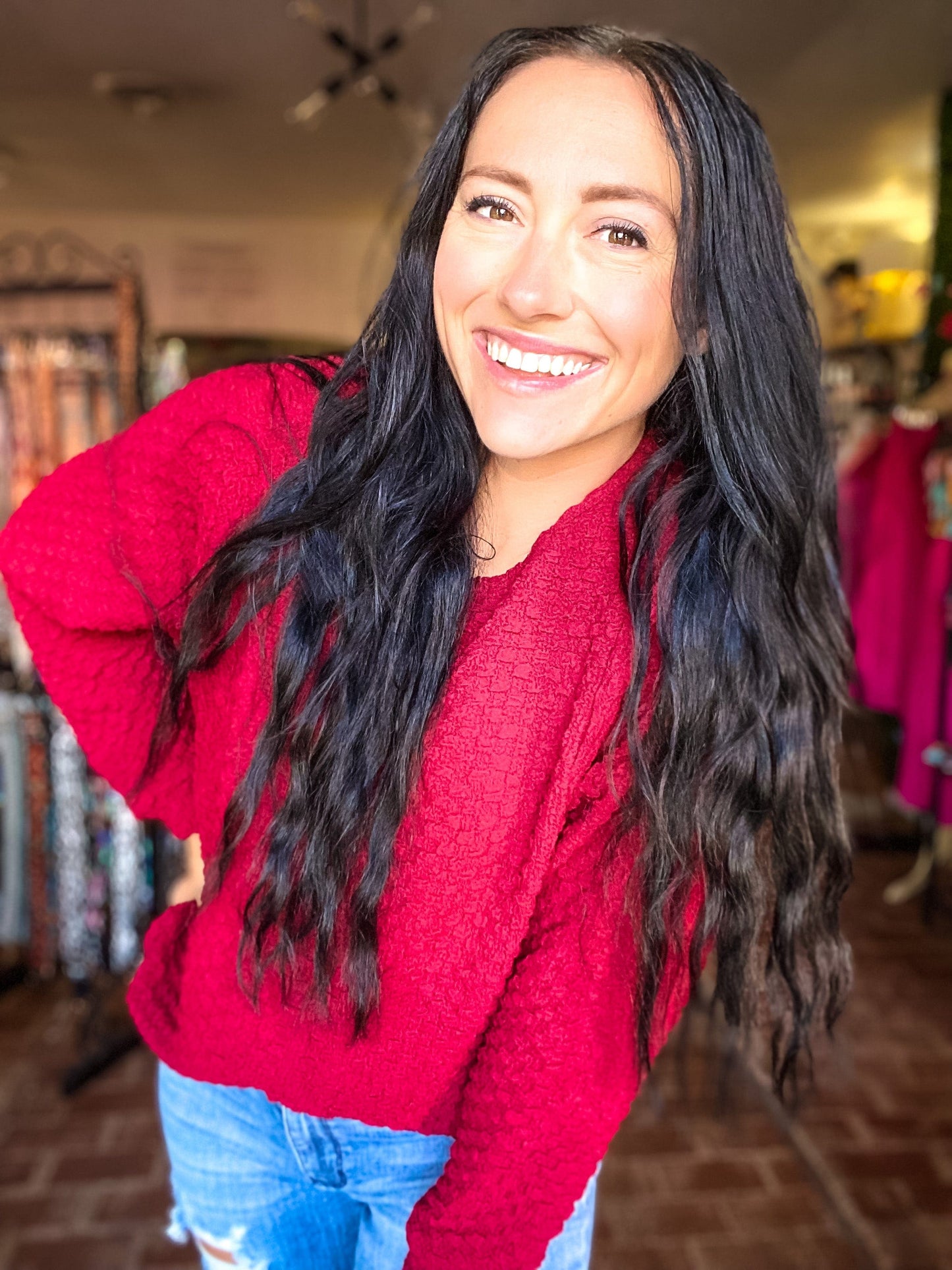Tops Poppin' Textured Top-Burgundy