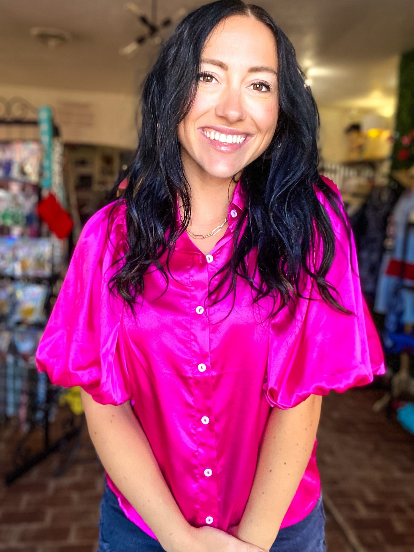 Puffy Sleeve Top- Hot Pink