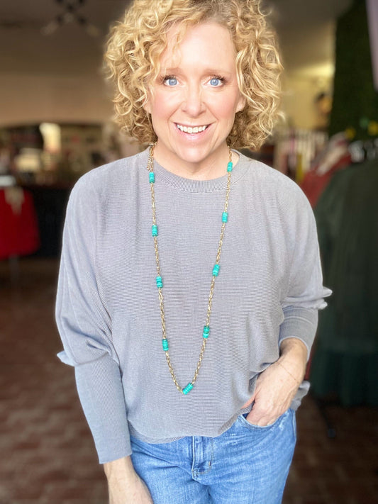 Tops Ribbed Puff Sleeve Long Sleeve Top-Gray