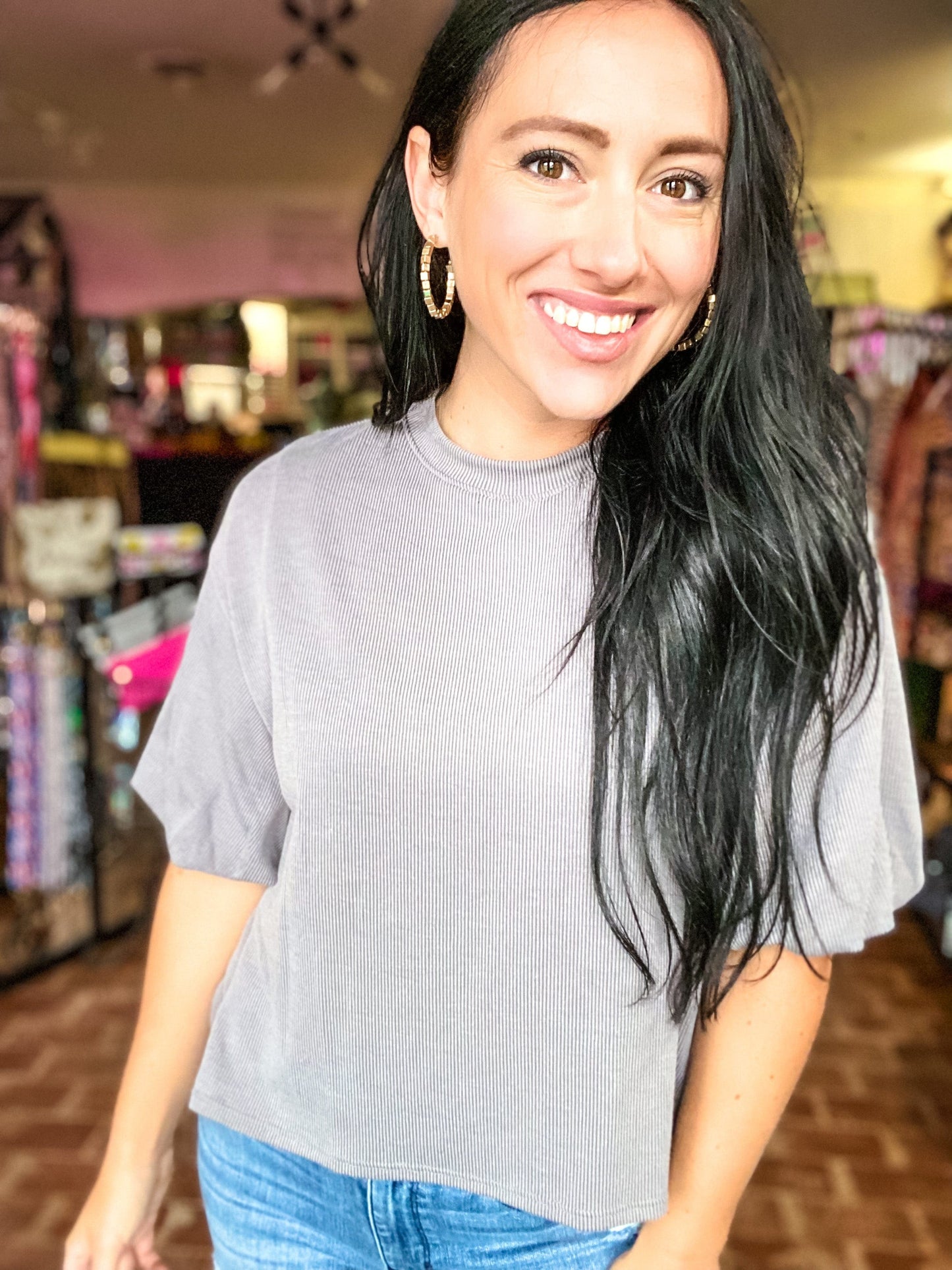 Tops Ribbed Puffy Sleeve Top-Cloud Gray