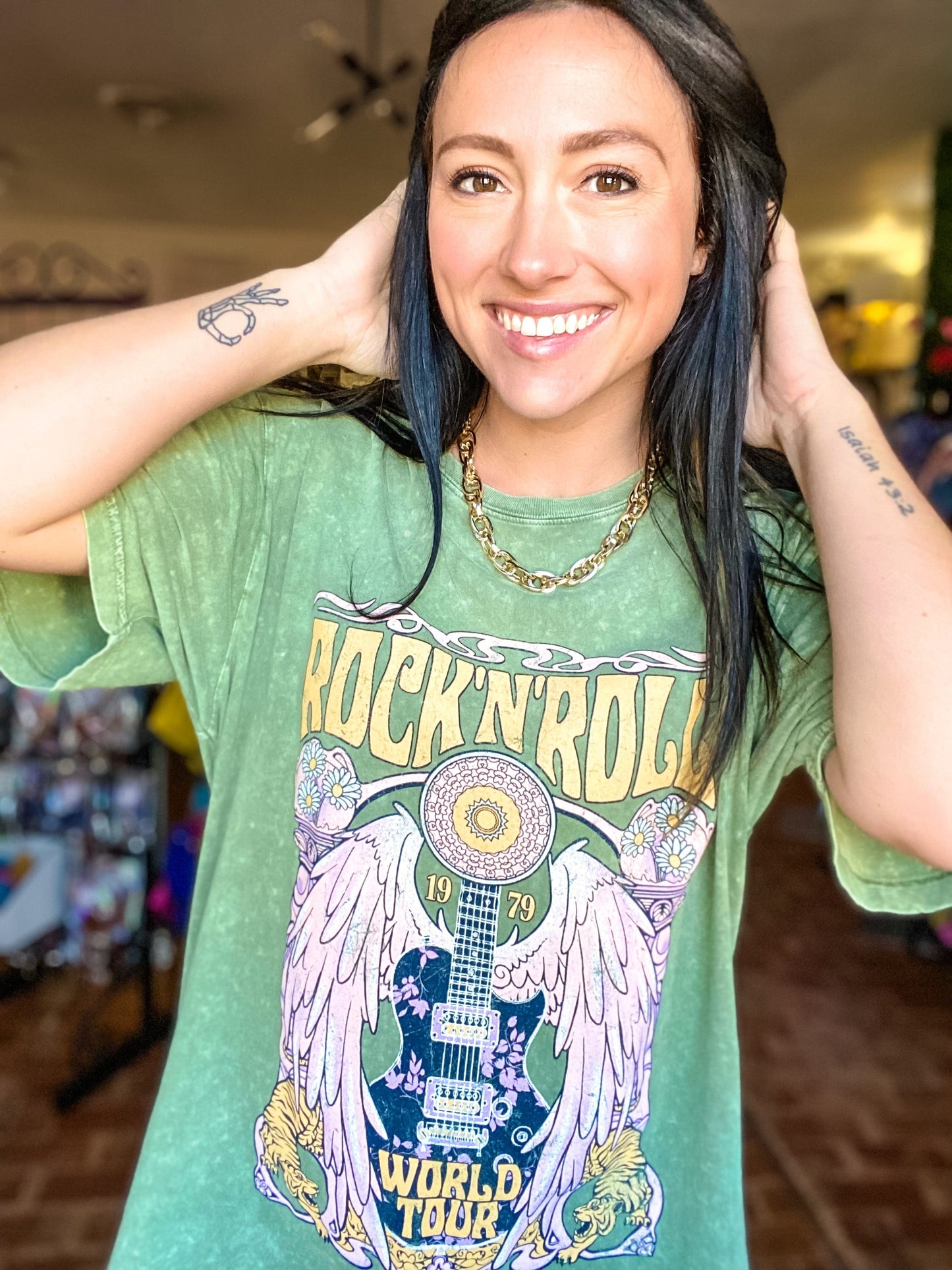 Graphic Tees Rock N Roll World Tour- Olive