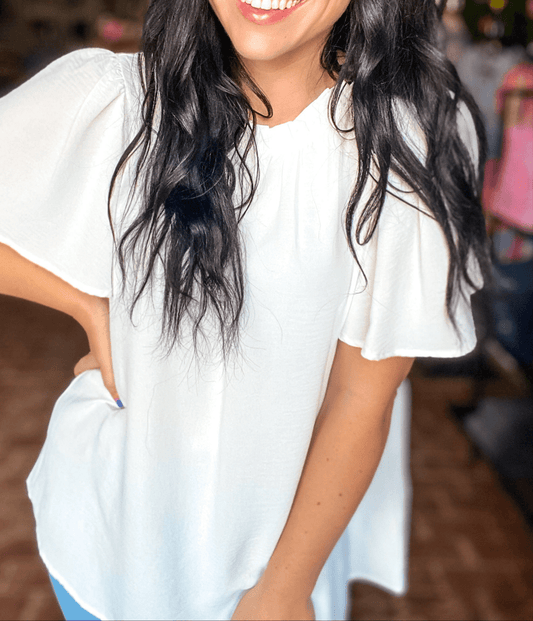 Tops Ruffle Neck Top- White
