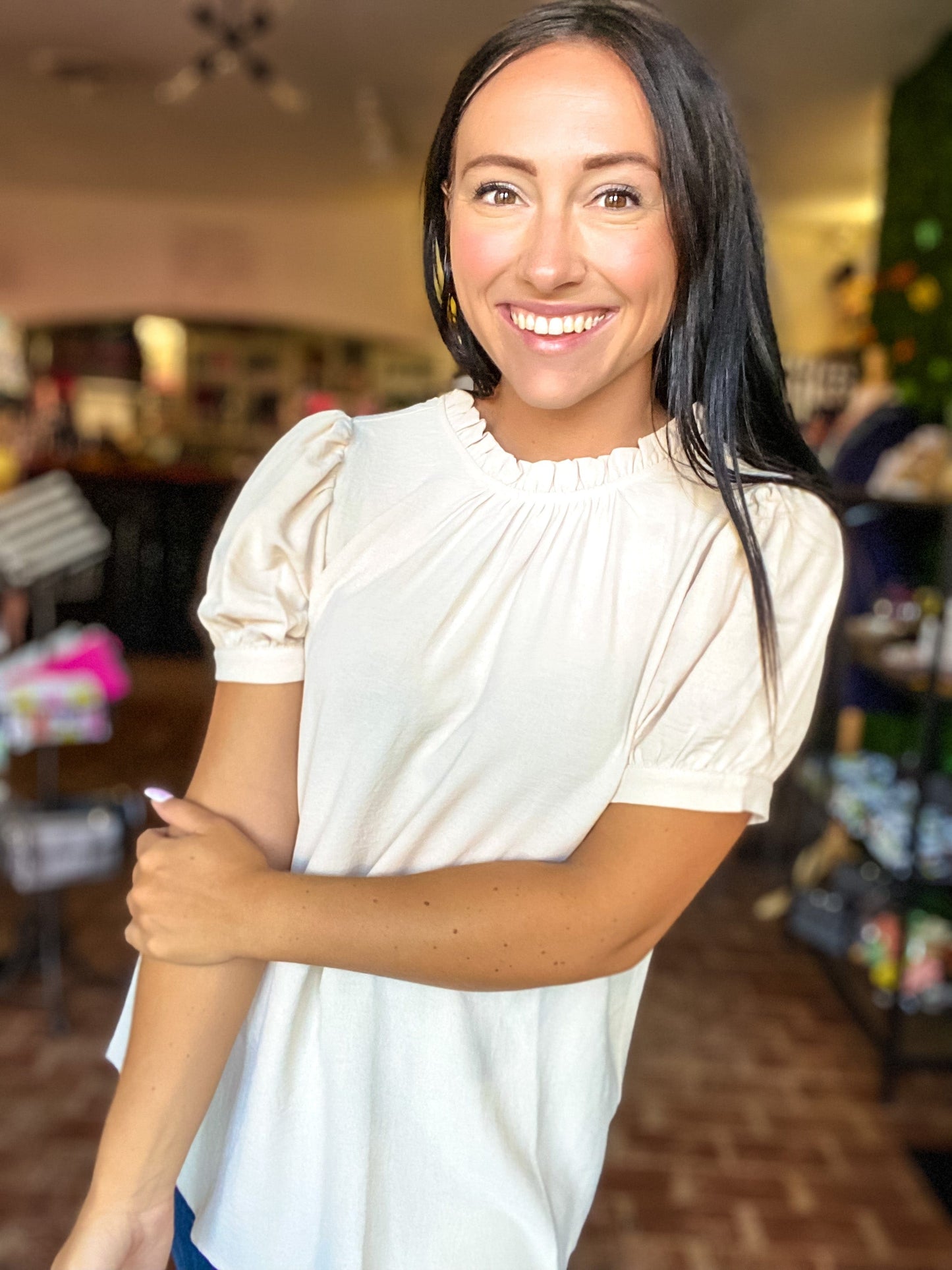 Tops Ryanne Ruffle Neck Top-Cream