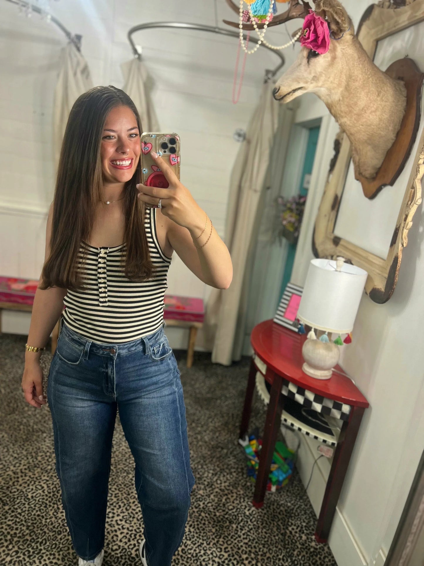 Tops Stripe Henley Tank- Black S