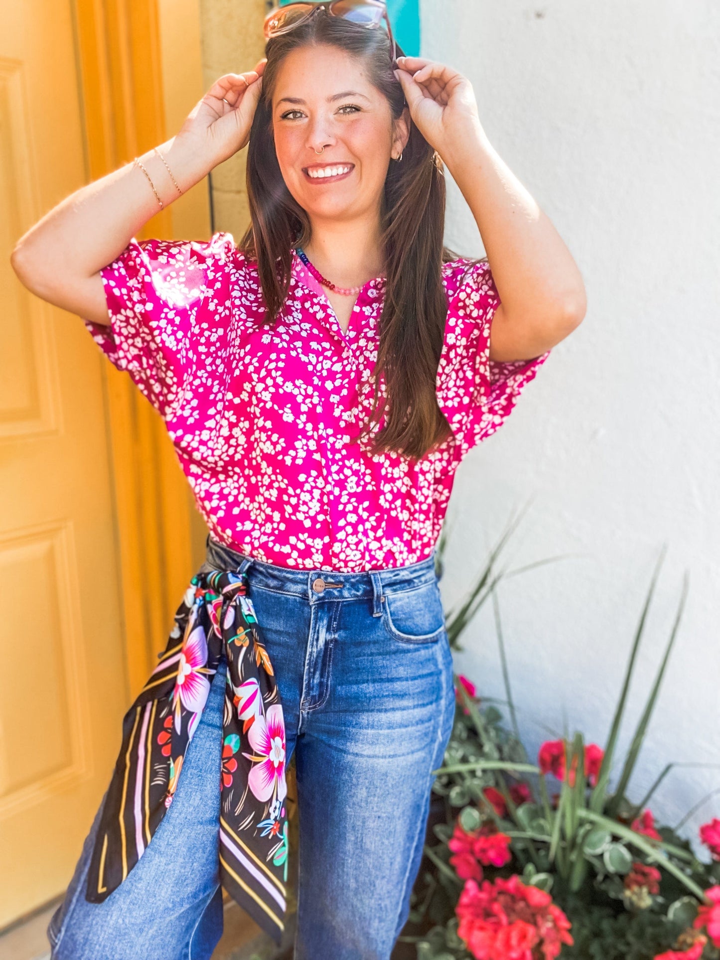 Tops Satin Ditzy Floral Blouse