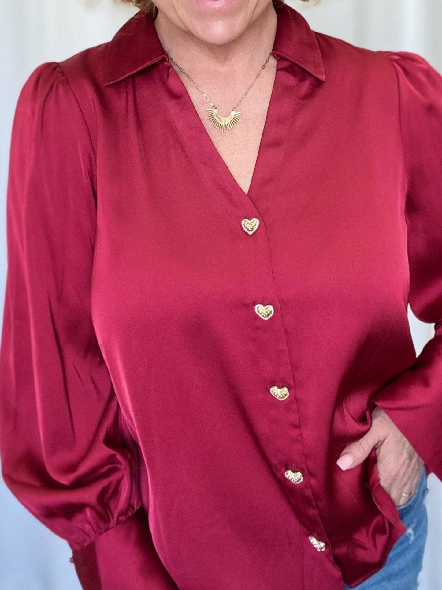 Tops Satin Heart Button Blouse- Red