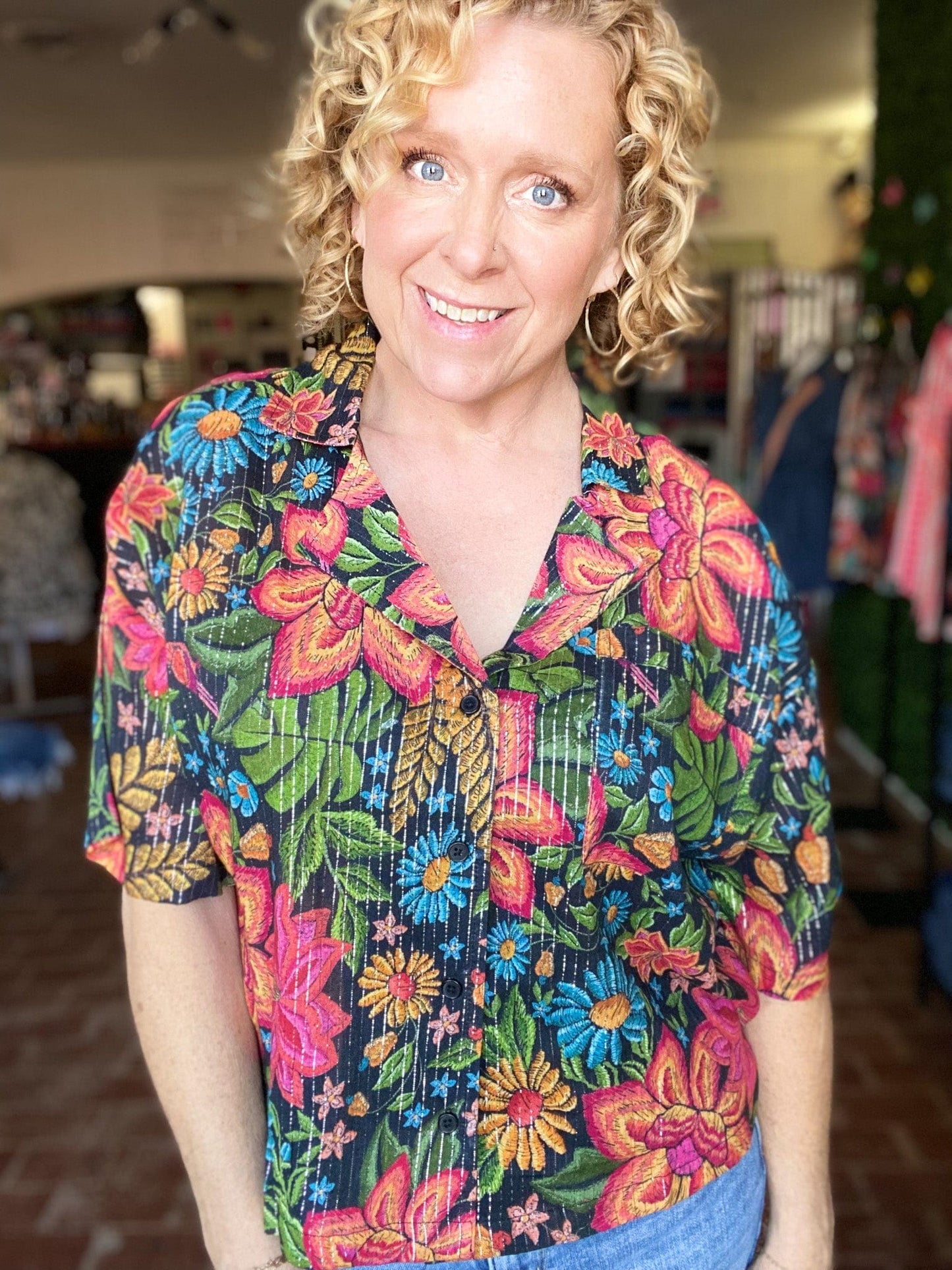 Tops Shimmer Cropped Camp Shirt