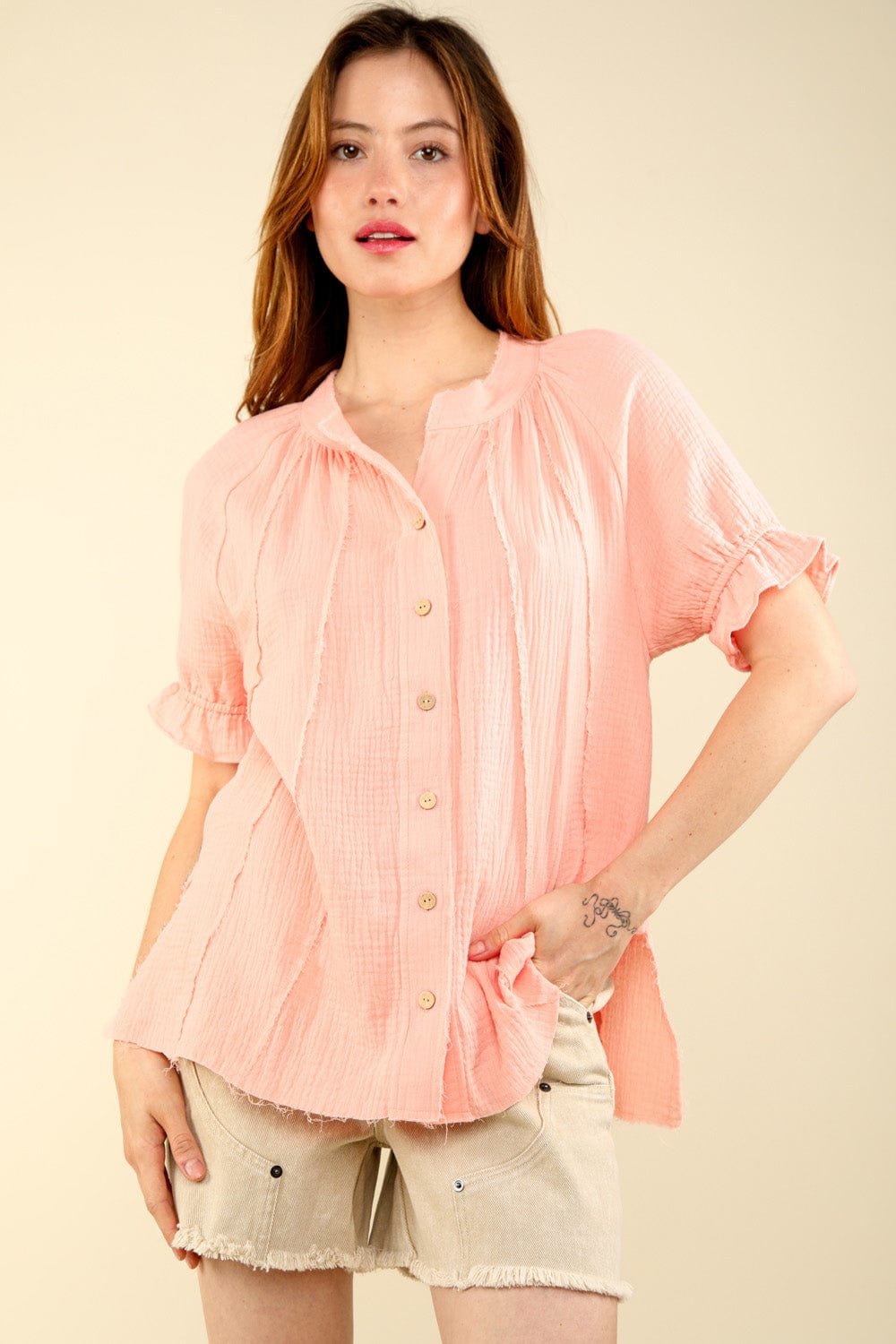 Tops Skye Cotton Gauze Top- Light Coral