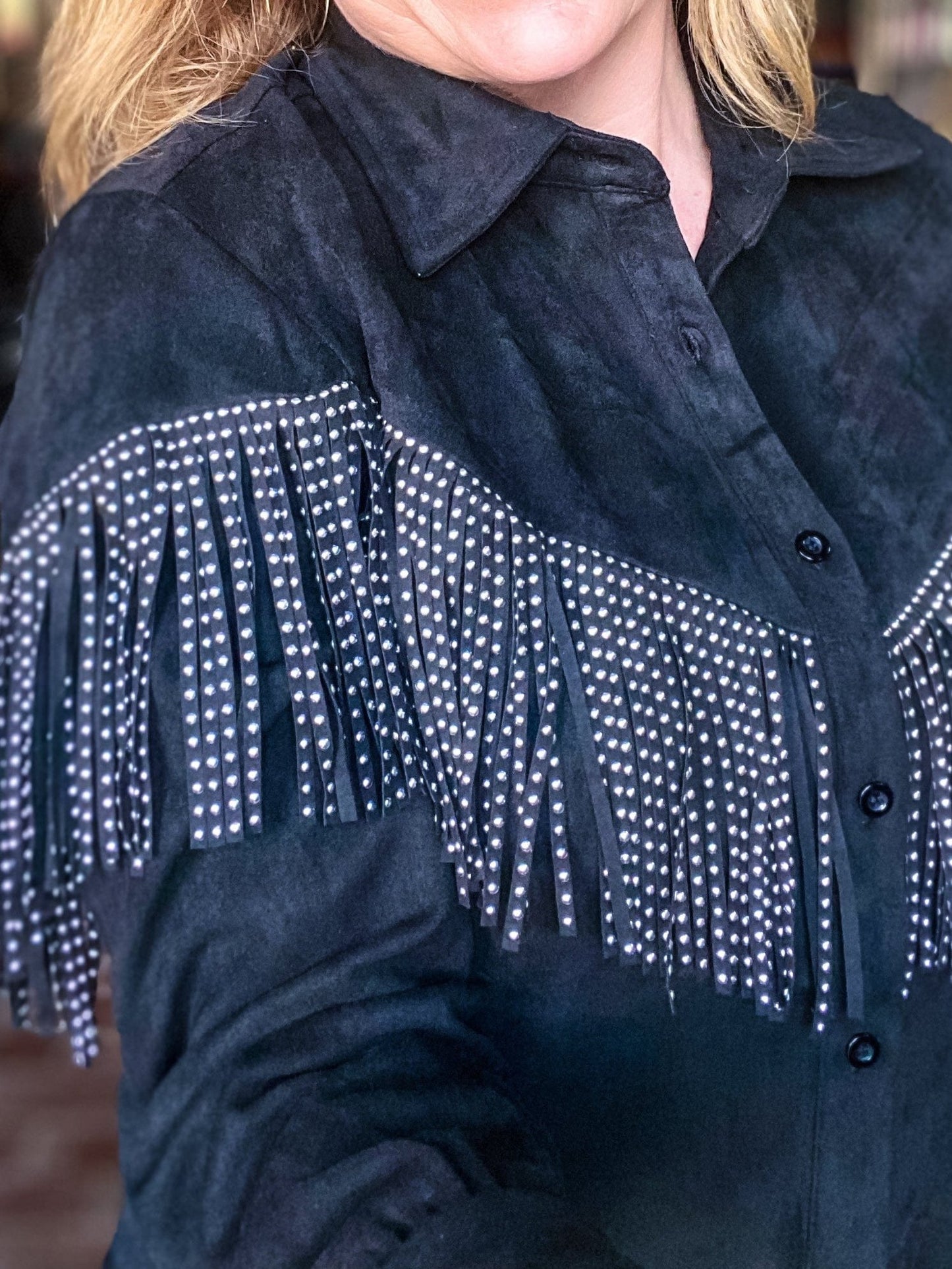 Tops Studded Faux Suede Fringe Top- Black