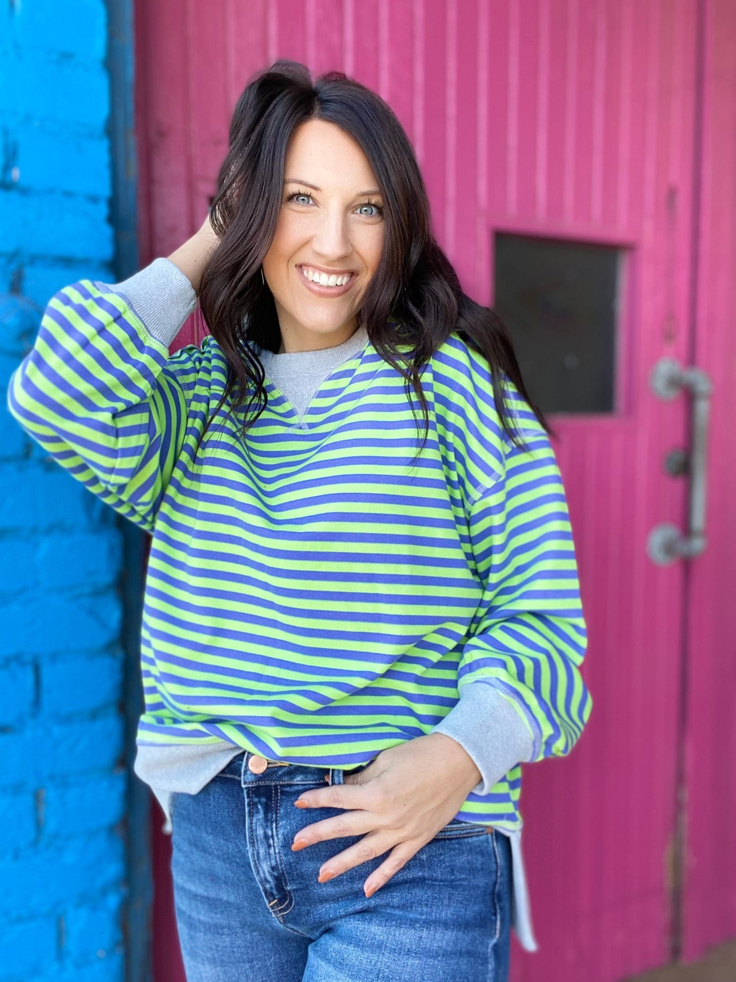 Shirts & Tops Thalia Striped Pullover- Green and Blue
