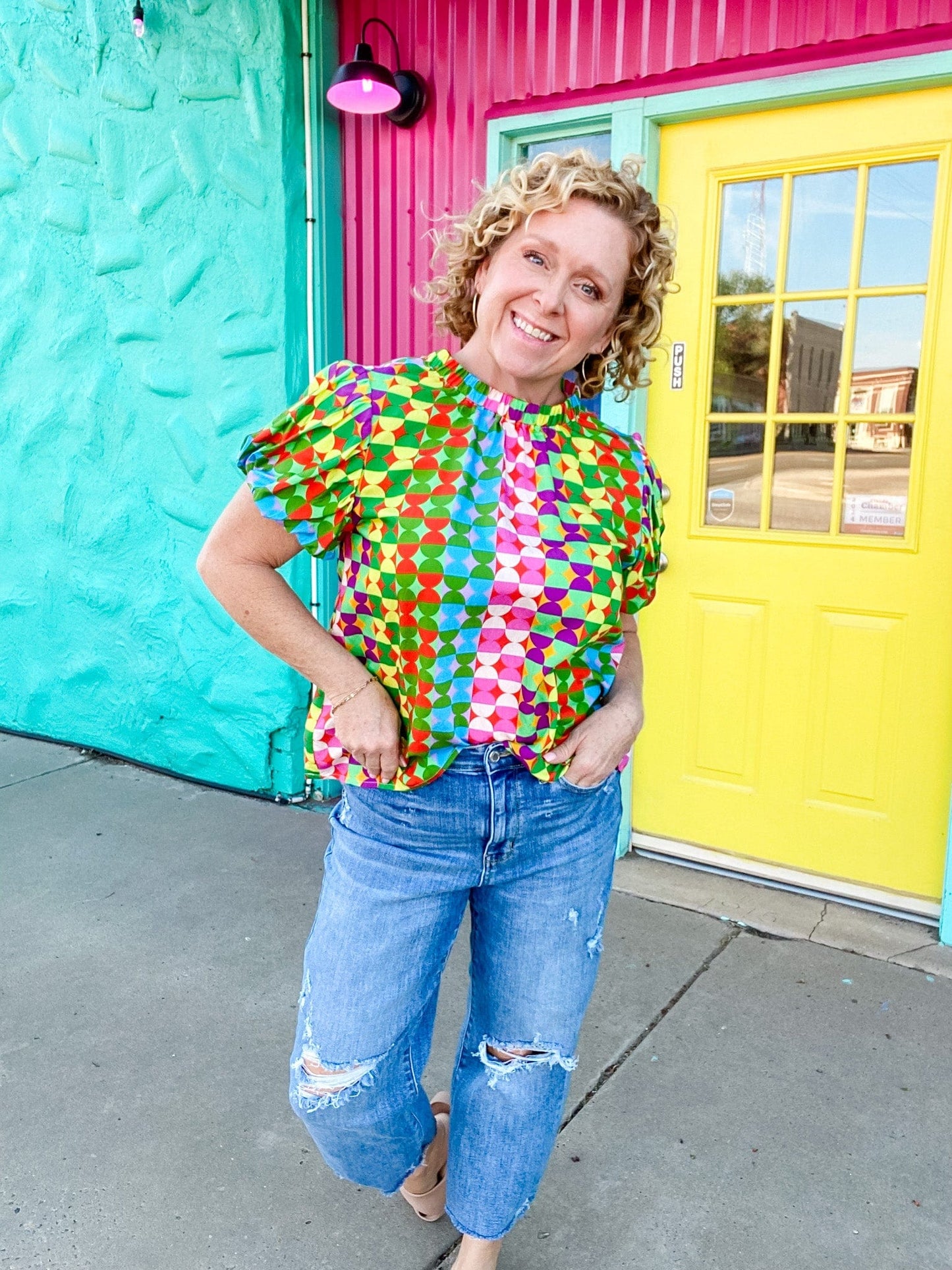 Tops THML Cam Puff Sleeve Bright Top