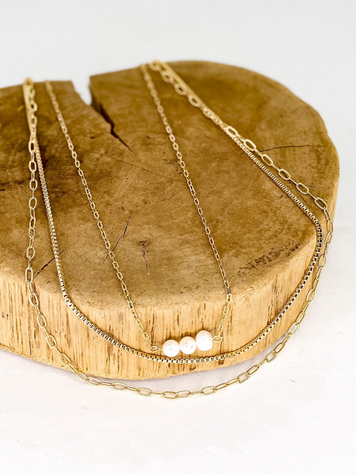 Necklaces Triple Chain Dainty Pearl Necklace-Gold