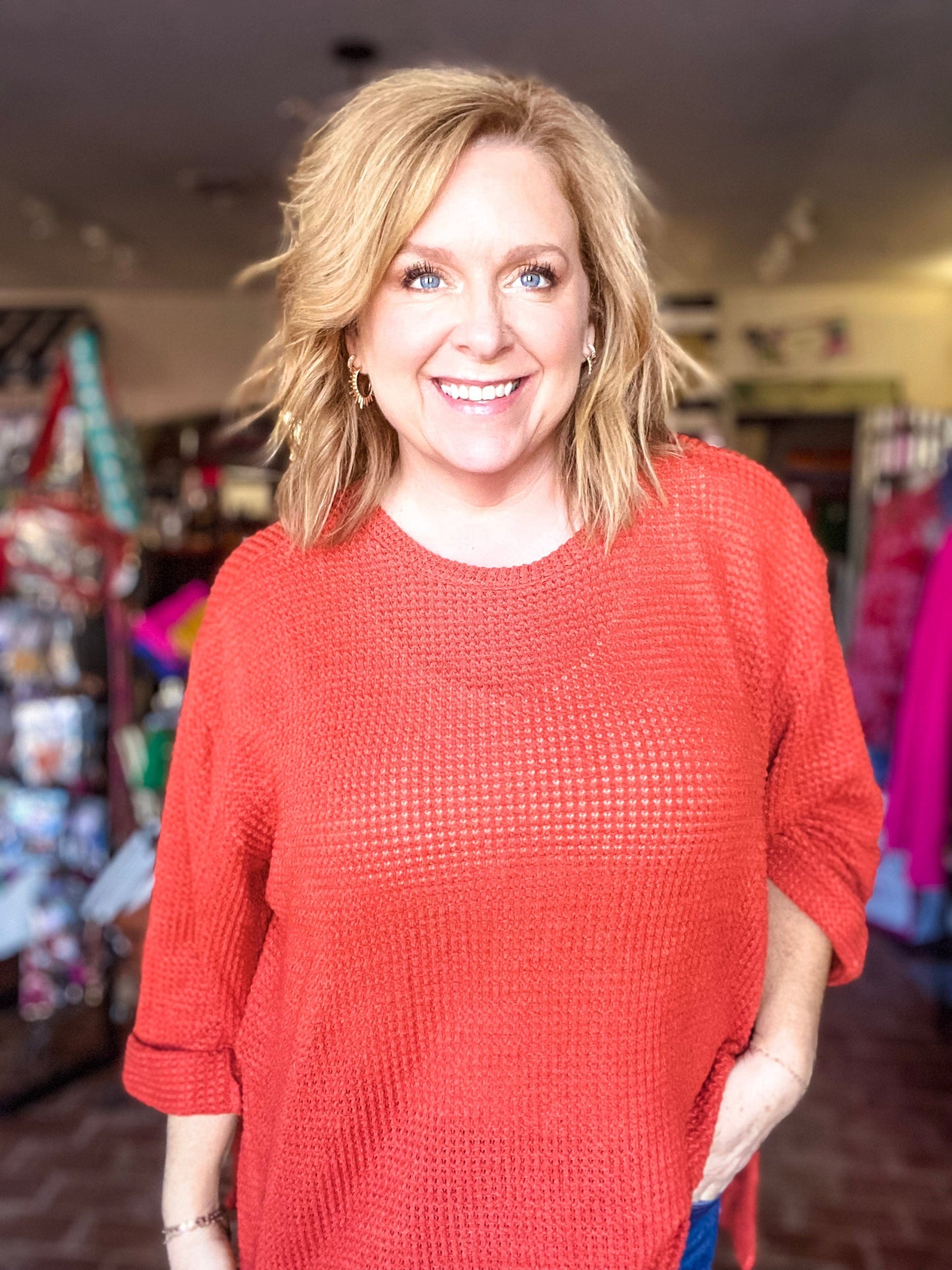 Tops Umgee Rust Waffle Pullover