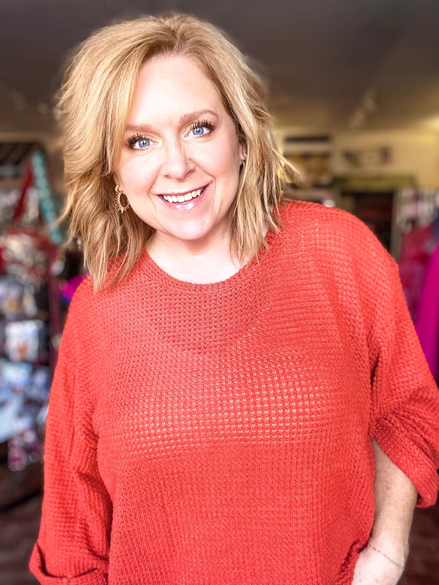 Tops Umgee Rust Waffle Pullover