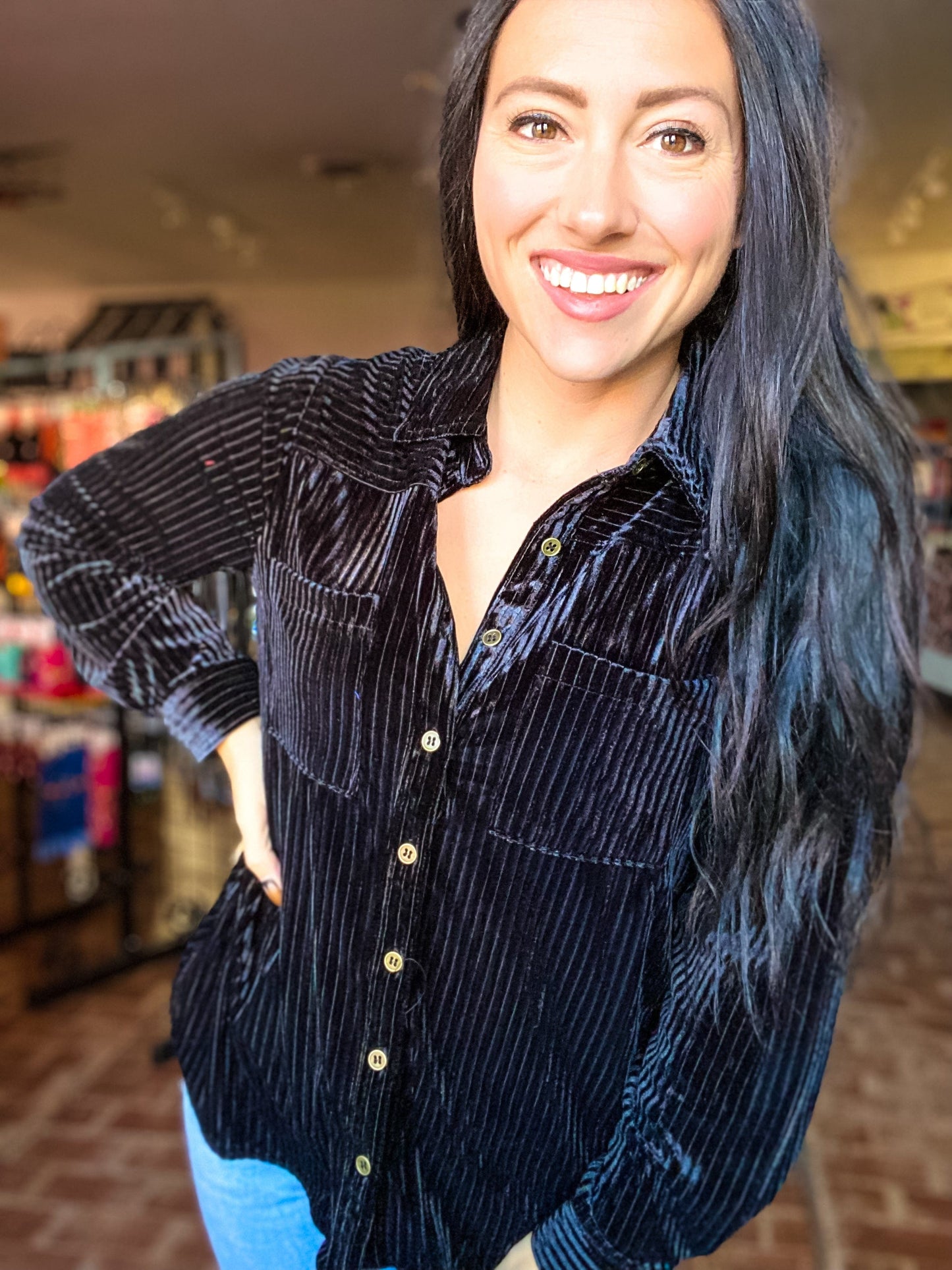 Velvet Stripe Button Down- Black