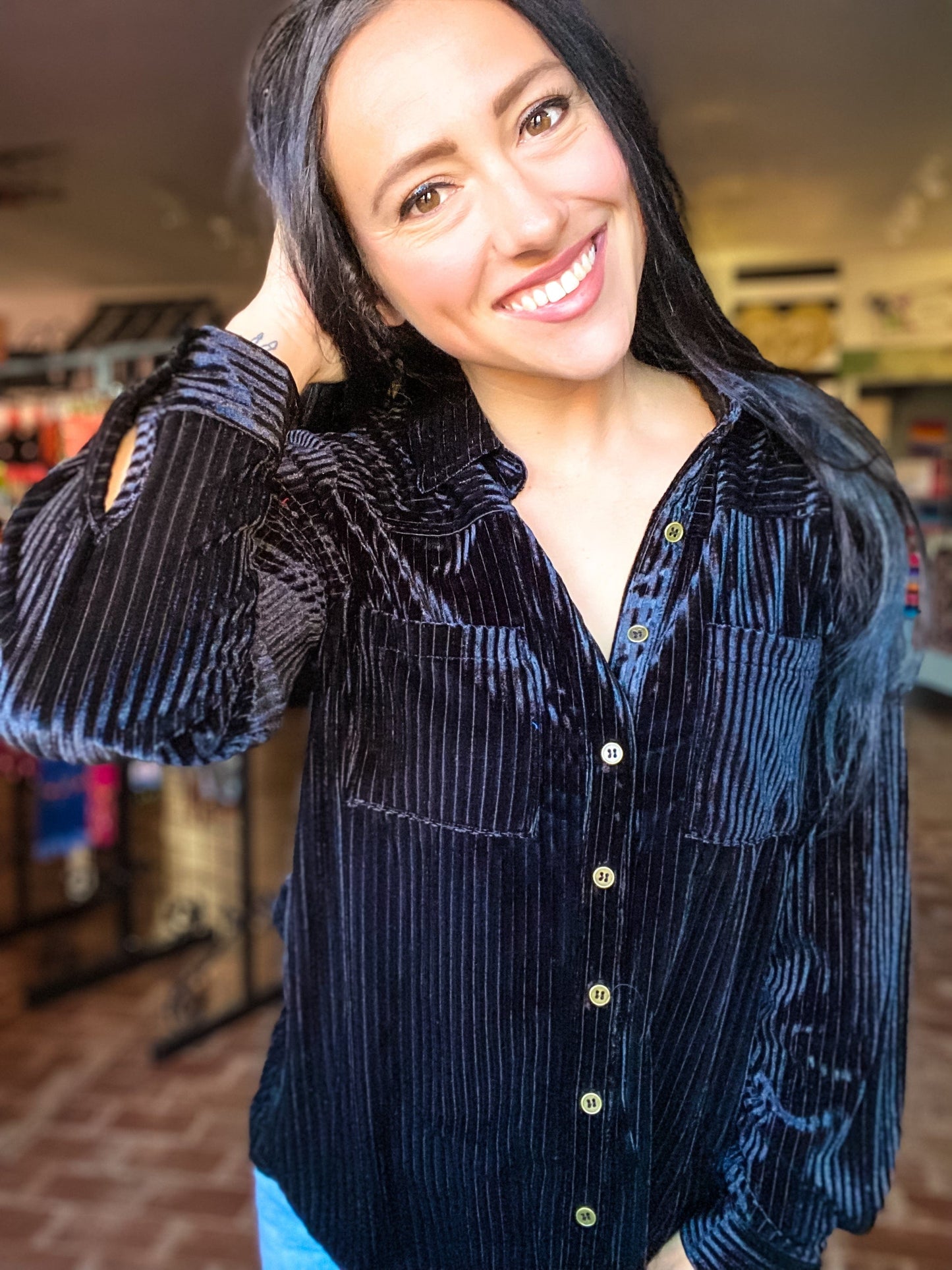 Velvet Stripe Button Down- Black